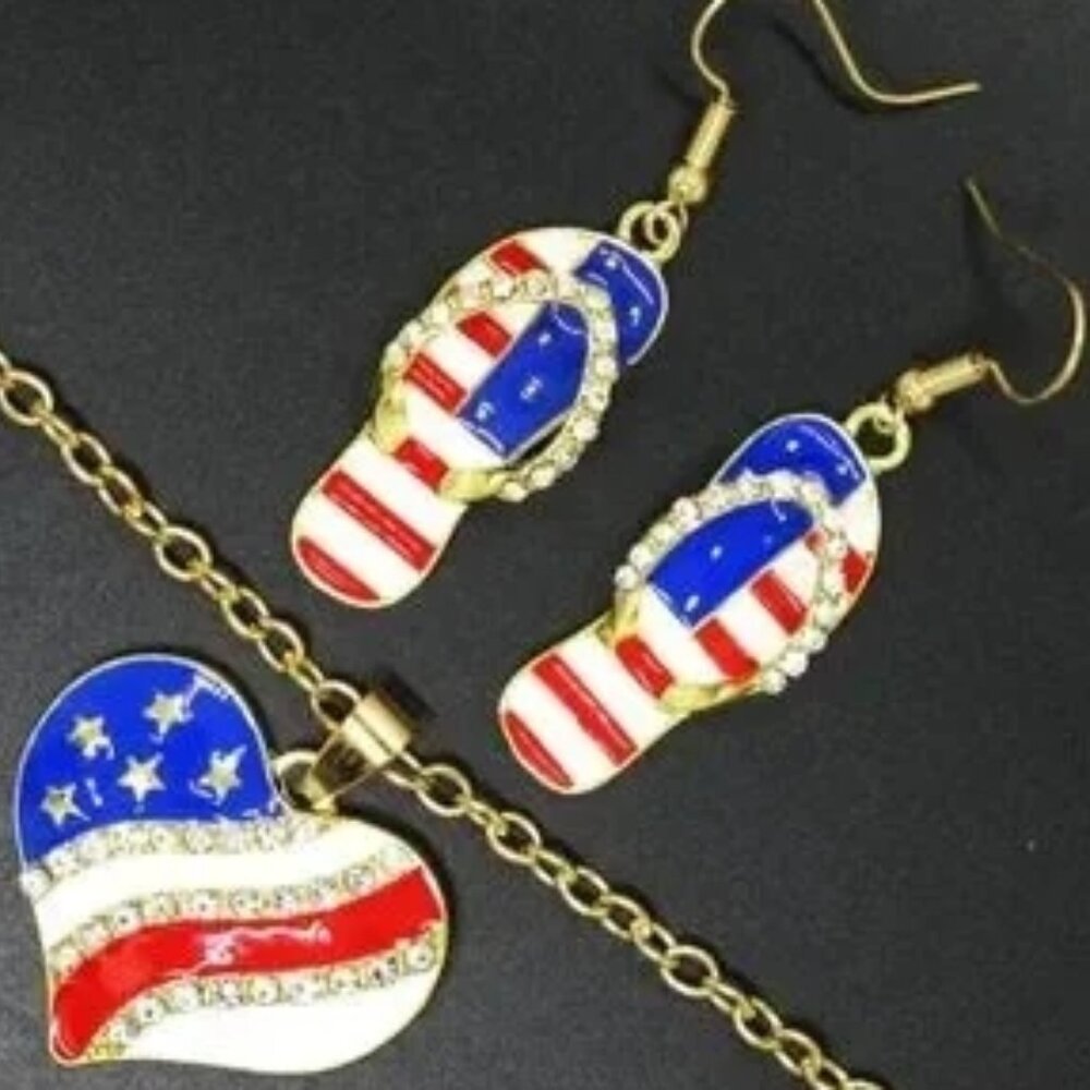 NWT. Betsey Johnson. American Flag Heart Necklace & Earrings Set.